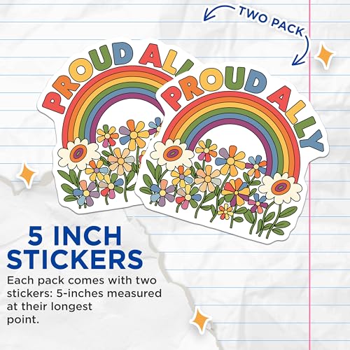 (2 Pack) Proud Ally Stickers - LGBTQ+ Rainbow Stickers - Floral Ally Stickers - 5" On Longest Side - Sticks to Smooth Flat Surfaces - Made in USA - BMCS3894
