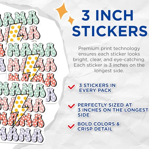 (3 Pack) Mama Decals - Polka Dot Design - Lightning Bolt Decor - 3 Inches On Longest Side - Easy Peel & Apply - Made in USA - 3MCS6469