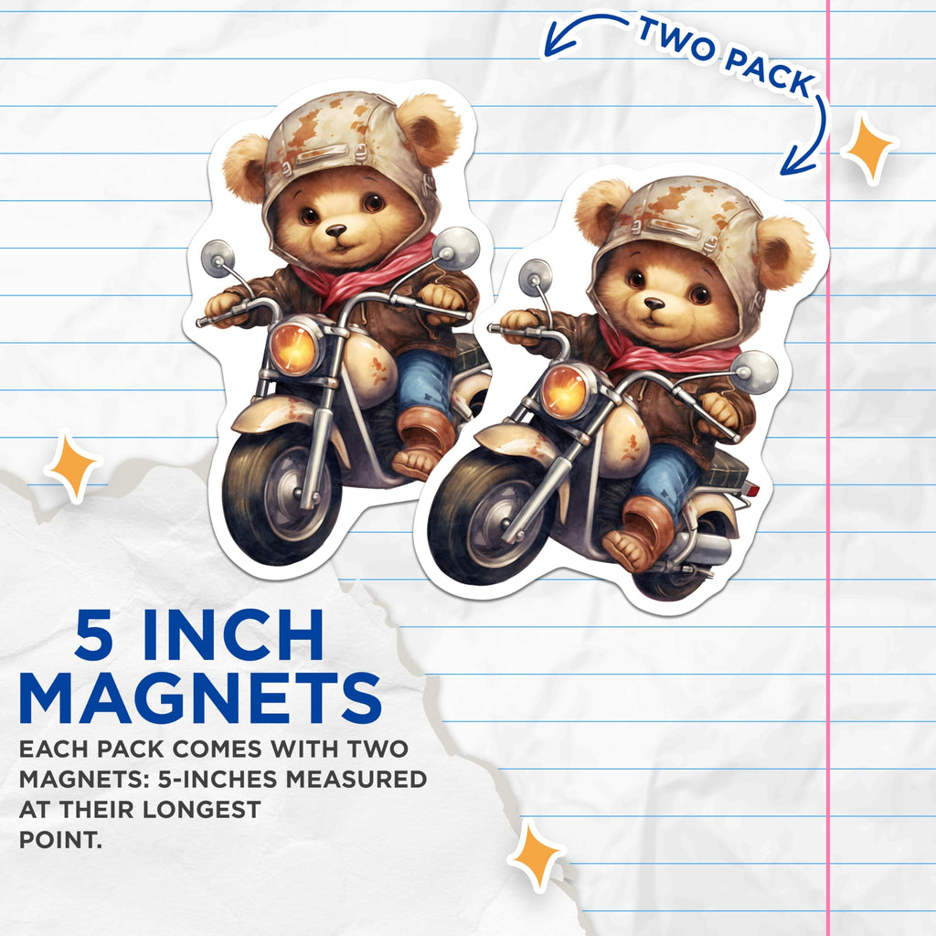 (2 Pack) Teddy Bear Motorbike Magnets - Bear on Motorcycle - Animal Lover Decor - 5" On Longest Side - Premium Magnet - for Cars, Refrigerators, Toolboxes, Lockers - Made in USA - MAG16901