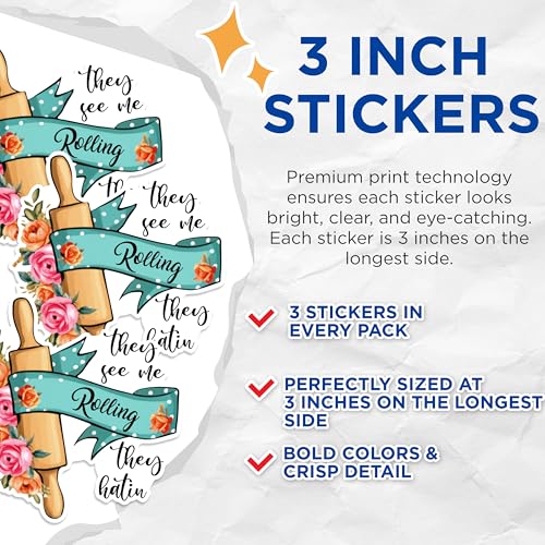 (3 Pack) They See Me Rolling Decals - Funny Baker Decal - Baking Lover Decals - 3 Inches On Longest Side - Easy Peel & Apply - Made in USA - 3MCS1830