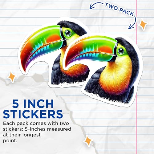 (2 Pack) Colorful Toucan Stickers - Bird Art Stickers - Tropical Wildlife Stickers - 5" On Longest Side - Sticks to Smooth Flat Surfaces - Made in USA - BMCS4519