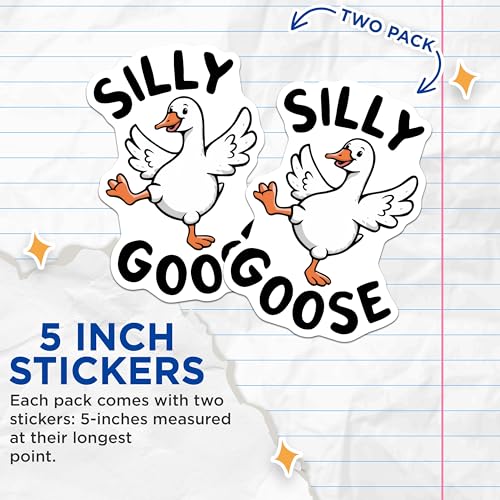 (2 Pack) Silly Goose Stickers - Cute Animal Stickers - Fun Cartoon Goose Decal - 5" On Longest Side - Sticks to Smooth Flat Surfaces - Made in USA - BMCS4608