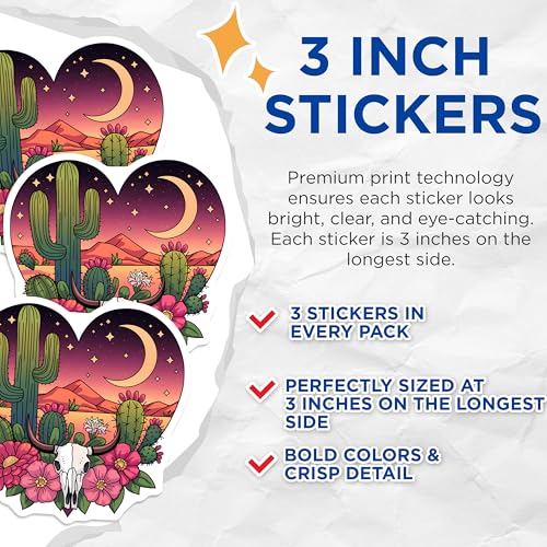 (3 Pack) Cactus Desert Decals - Western Laptop Decals - Southwestern Art Stickers - 3 Inches On Longest Side - Easy Peel & Apply - Made in USA - 3MCS8385