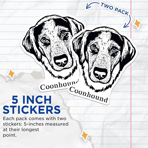 (2 Pack) Coonhound Stickers - Dog Lover Stickers - Pet Owner Stickers - 5" On Longest Side - Sticks to Smooth Flat Surfaces - Made in USA - BMCS4017
