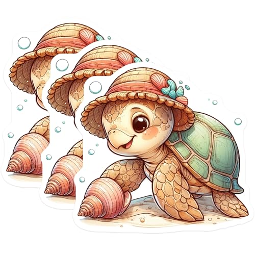 (3 Pack) Turtle with Hat Decals - Cute Turtle Art - Laptop Decals - 3 Inches On Longest Side - Easy Peel & Apply - Made in USA - 3MCS0086