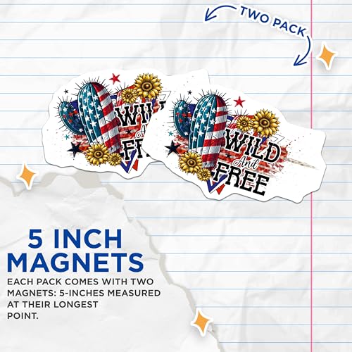 (2 Pack) Wild and Free Magnets - Patriotic Cactus Design - 5" On Longest Side - for Cars, Fridges, Toolboxes - Made in USA - MAG7884
