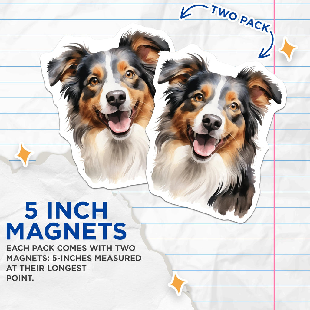 (2 Pack) Australian Shepherd Magnets - Watercolor Aussie Dog Art - Pet Lover Fridge Decor - Happy Pet Parent Home Accent - 5 Inches On Longest Side - Thick Durable Magnet - Made in USA - MAG25675