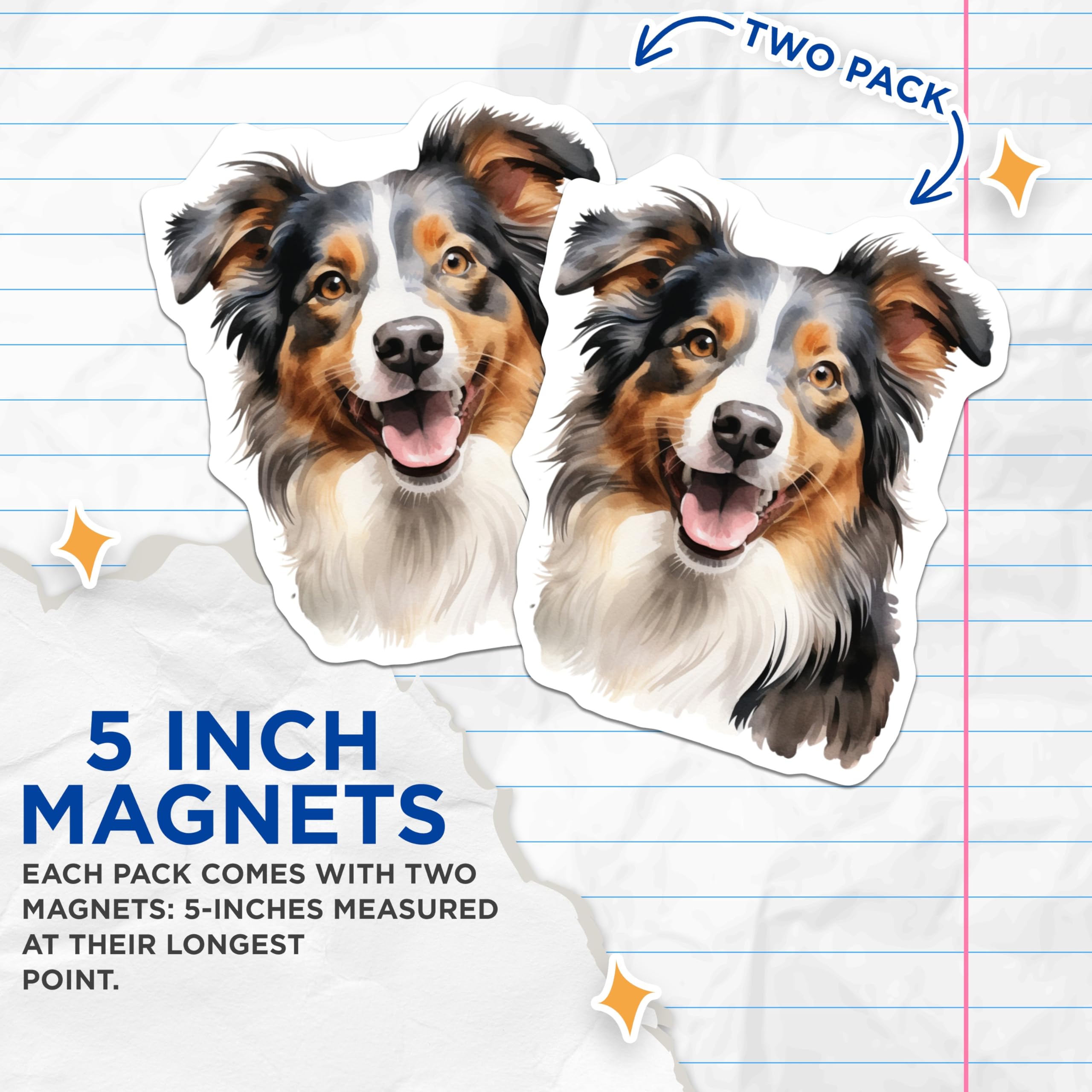 (2 Pack) Australian Shepherd Magnets - Watercolor Aussie Dog Art - Pet Lover Fridge Decor - Happy Pet Parent Home Accent - 5 Inches On Longest Side - Thick Durable Magnet - Made in USA - MAG25675