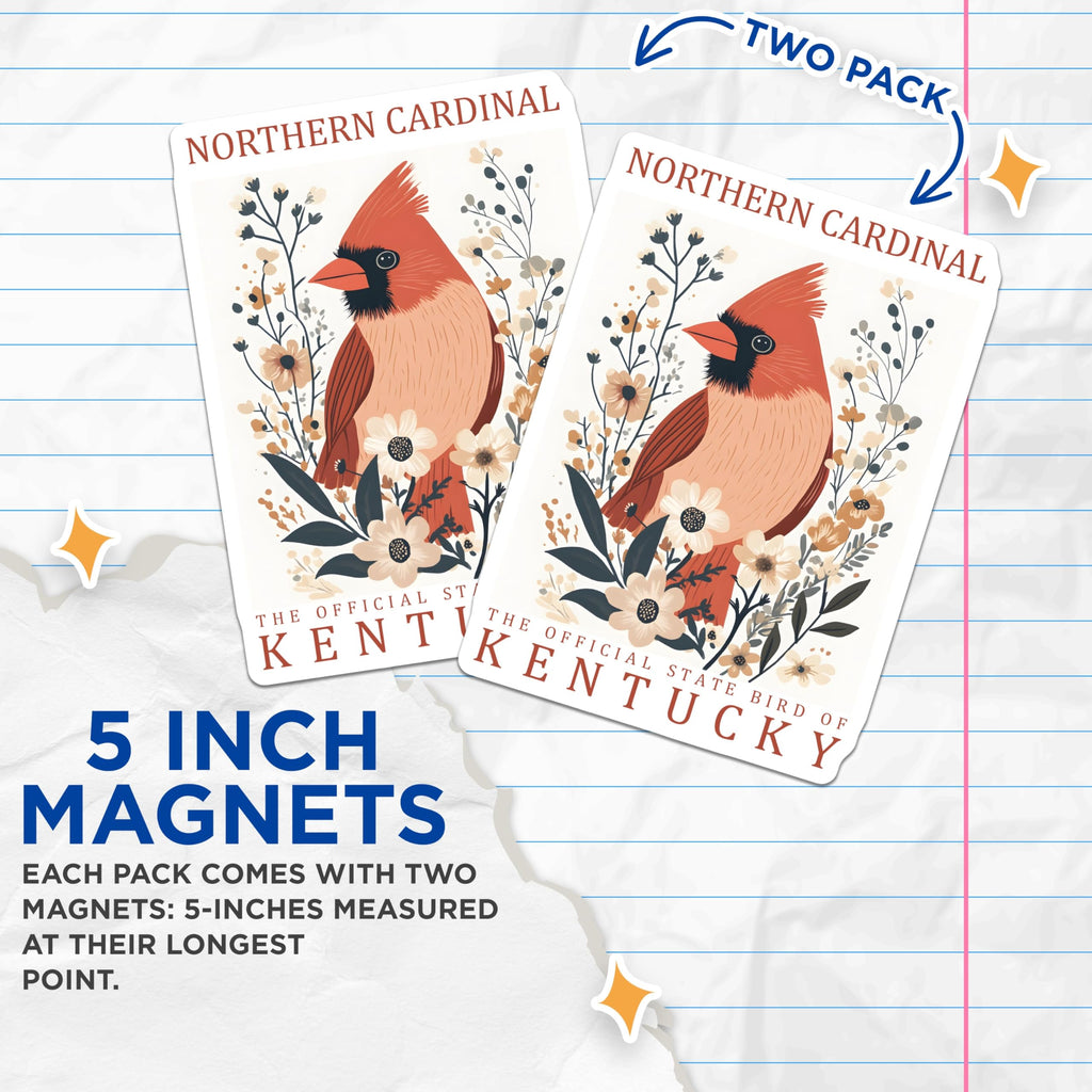 (2 Pack) Northern Cardinal Magnets - Kentucky State Bird - Floral Bird Lover Decor - 5" On Longest Side - Premium Magnet - for Cars, Refrigerators, Toolboxes, Lockers - Made in USA - MAG18774