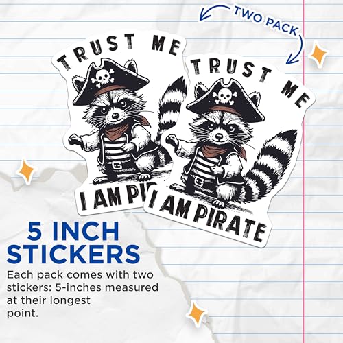 (2 Pack) Trust Me I Am Pirate Stickers - Cute Raccoon - Cartoon Animal - Funny Pirate Themed - 5" On Longest Side - Sticks to Smooth Flat Surfaces - Made in USA - BMCS6232