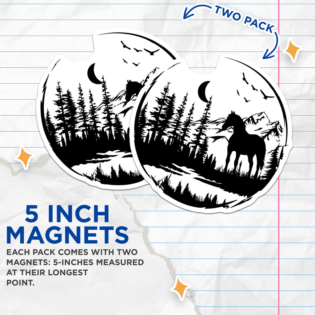 (2 Pack) Wild Horse Magnets - Mountain Forest Silhouette - Nature Scene Decor for Outdoor Lovers - 5 Inches On Longest Side - Thick Durable Magnet - Made in USA - MAG38289