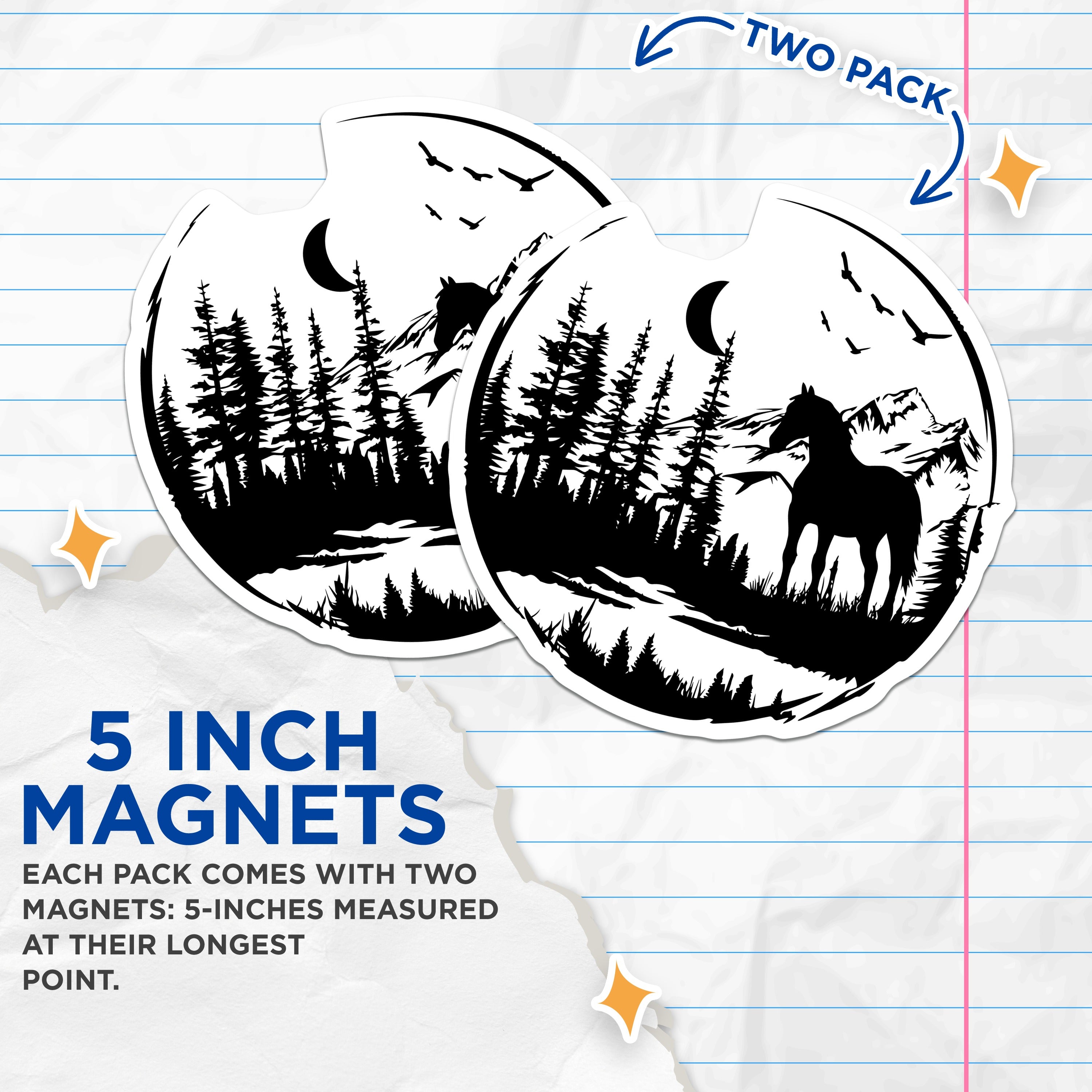 (2 Pack) Wild Horse Magnets - Mountain Forest Silhouette - Nature Scene Decor for Outdoor Lovers - 5 Inches On Longest Side - Thick Durable Magnet - Made in USA - MAG38289