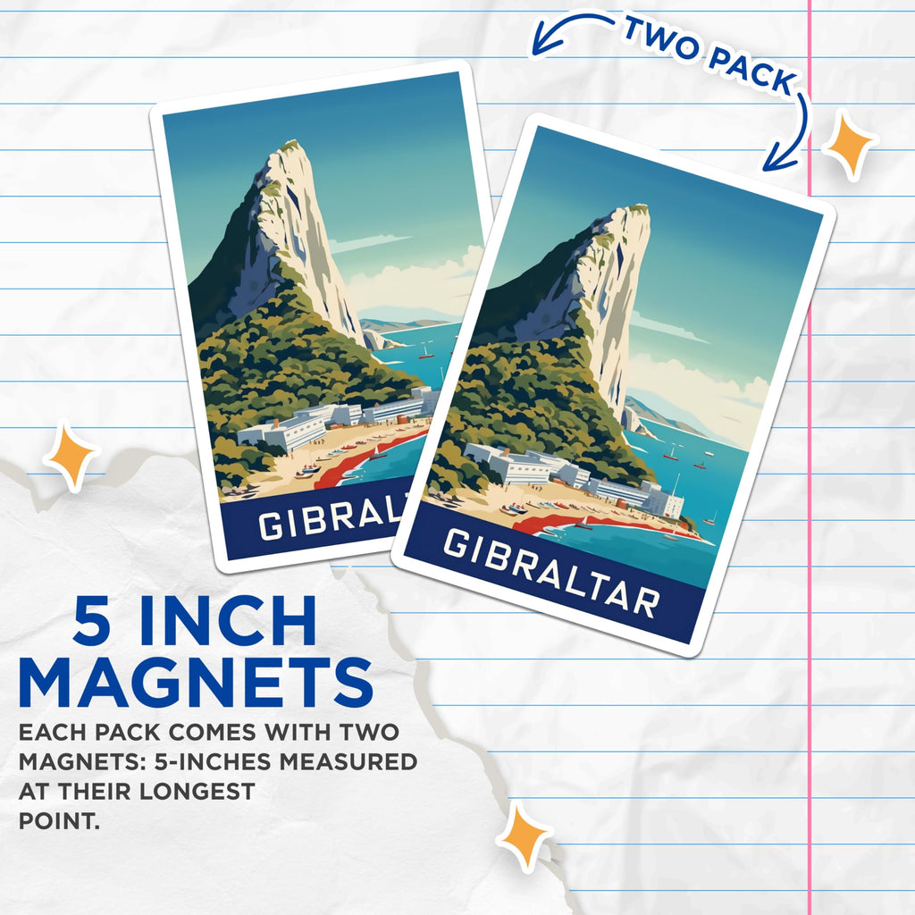 (2 Pack) Gibraltar Magnets - Vintage Travel Poster - Europe Landmark Souvenir - 5" On Longest Side - Premium Magnet - for Cars, Refrigerators, Toolboxes, Lockers - Made in USA - MAG17416