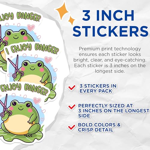 (3 Pack) Frog Enjoy Danger Decals - Funny Frog Stickers - Laptop Decal - 3 Inches On Longest Side - Easy Peel & Apply - Made in USA - 3MCS2080