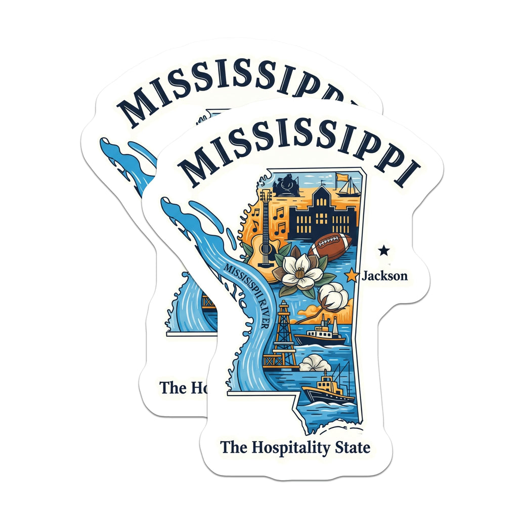 (2 Pack) Mississippi Stickers - State Pride Decals - Hospitality State Souvenirs - 5" On Longest Side - Sticks to Smooth Flat Surfaces - Made in USA - BMCS17560