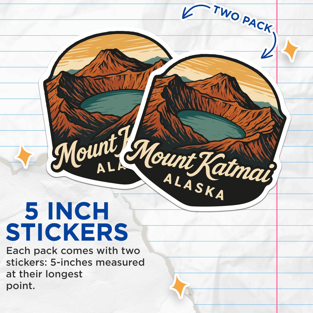 (2 Pack) Mount Katmai Stickers - Alaska National Park - Volcano Lake Landscape - 5" On Longest Side - Sticks to Smooth Flat Surfaces - Made in USA - BMCS20017