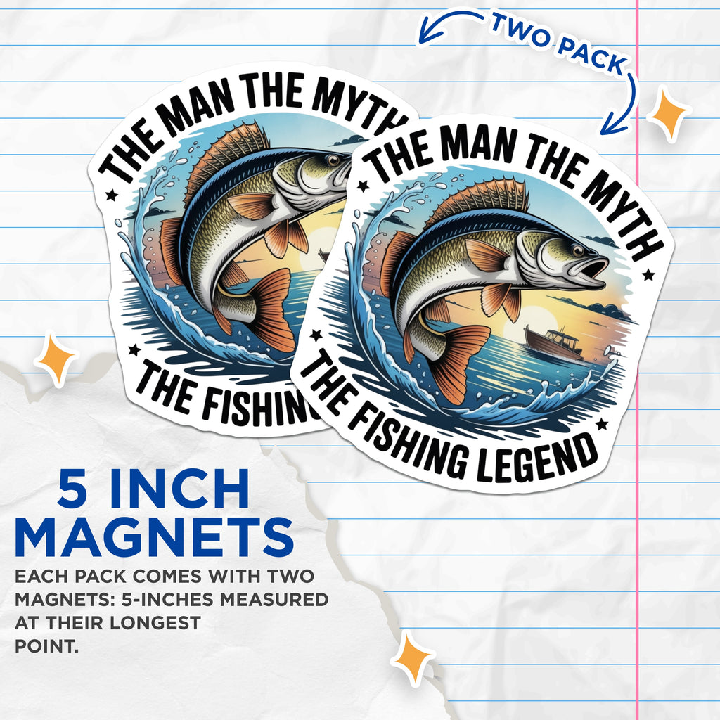 (2 Pack) Man Myth Fishing Magnets - Legend Fisherman Saying - Funny Angler Decor - Outdoorsman Refrigerator Accessory - 5 Inches On Longest Side - Thick Durable Magnet - Made in USA - MAG37705