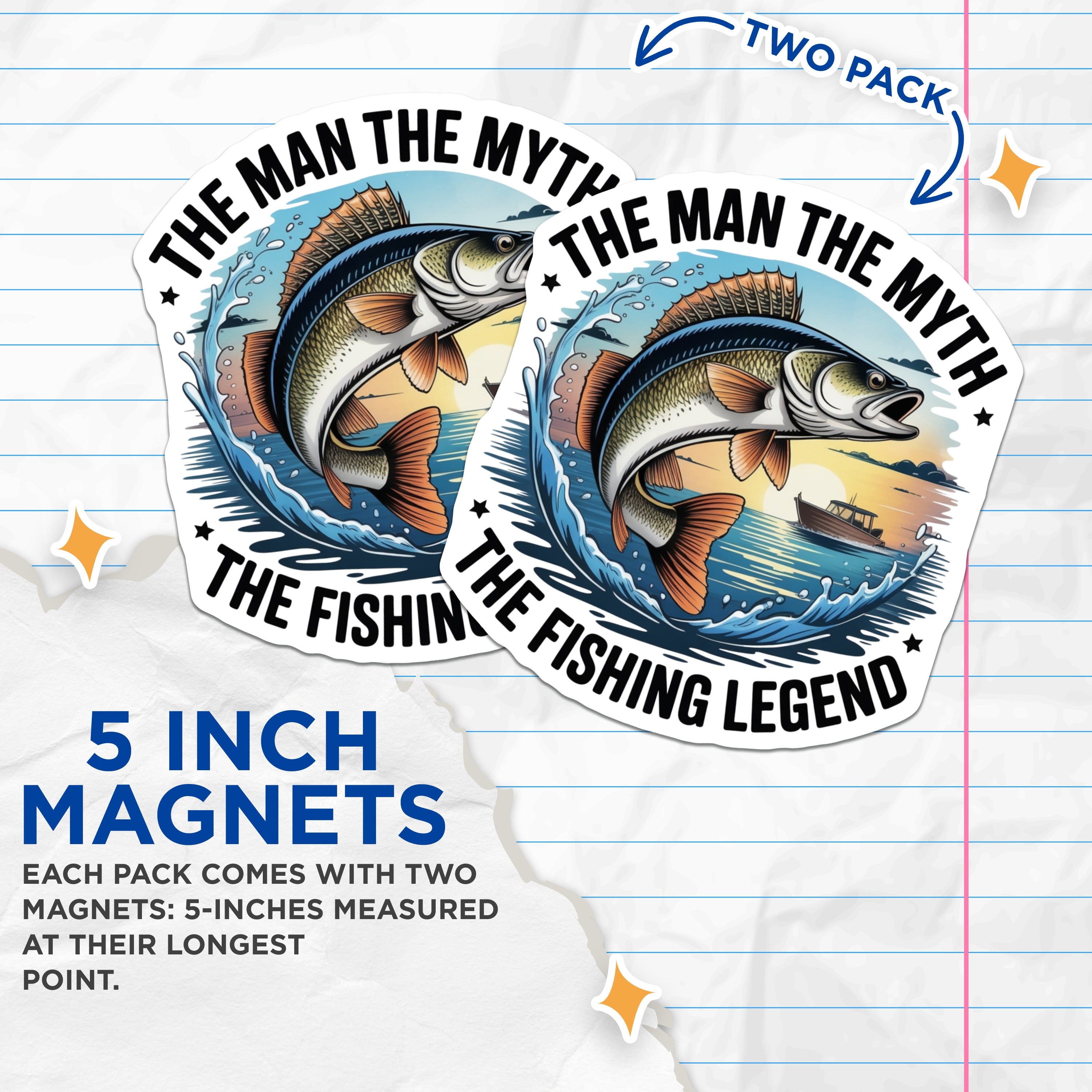 (2 Pack) Man Myth Fishing Magnets - Legend Fisherman Saying - Funny Angler Decor - Outdoorsman Refrigerator Accessory - 5 Inches On Longest Side - Thick Durable Magnet - Made in USA - MAG37705