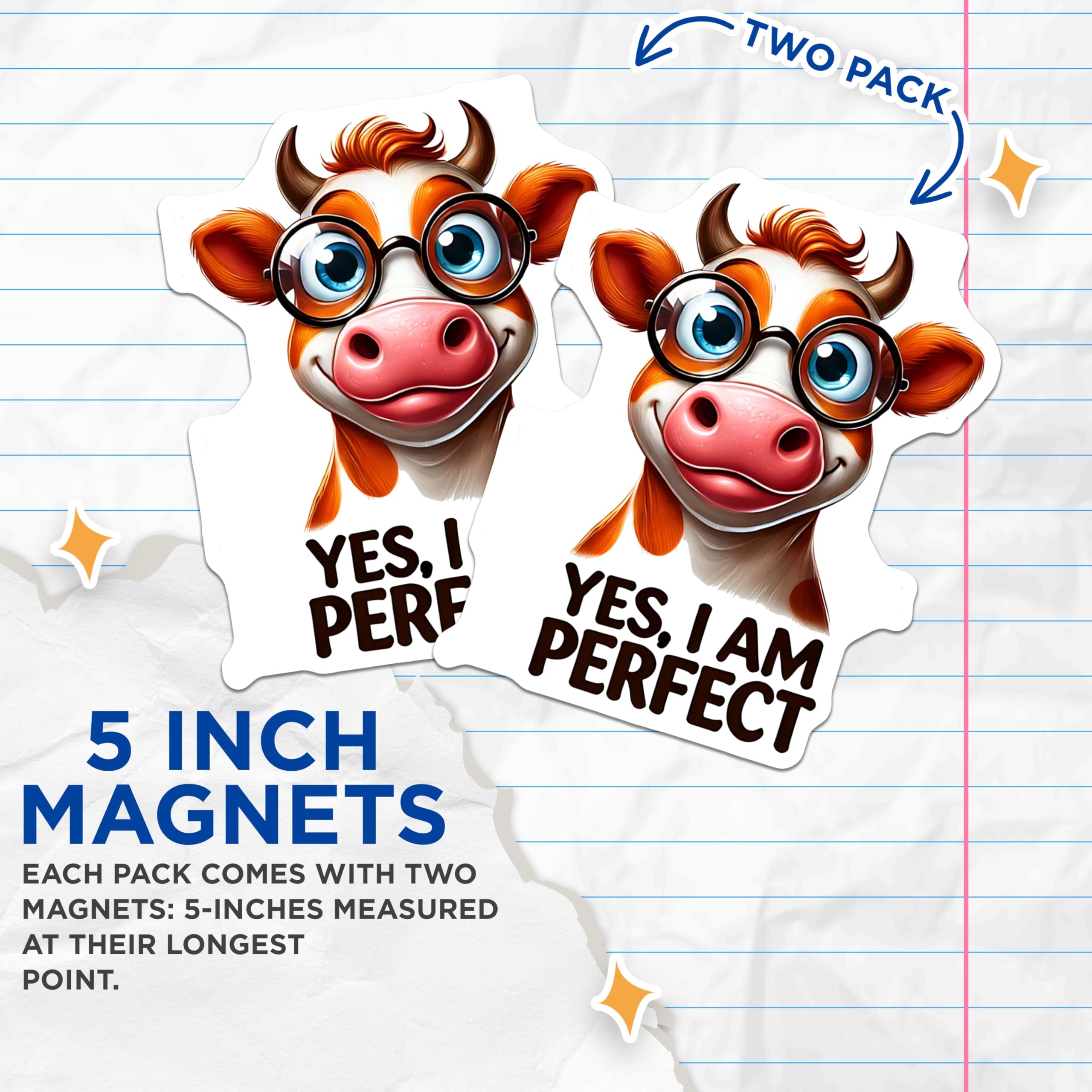 (2 Pack) Cow with Glasses Magnets - Funny Animal Decor - Quirky Refrigerator Art - 5" On Longest Side - Premium Magnet - for Cars, Refrigerators, Toolboxes, Lockers - Made in USA - MAG14526