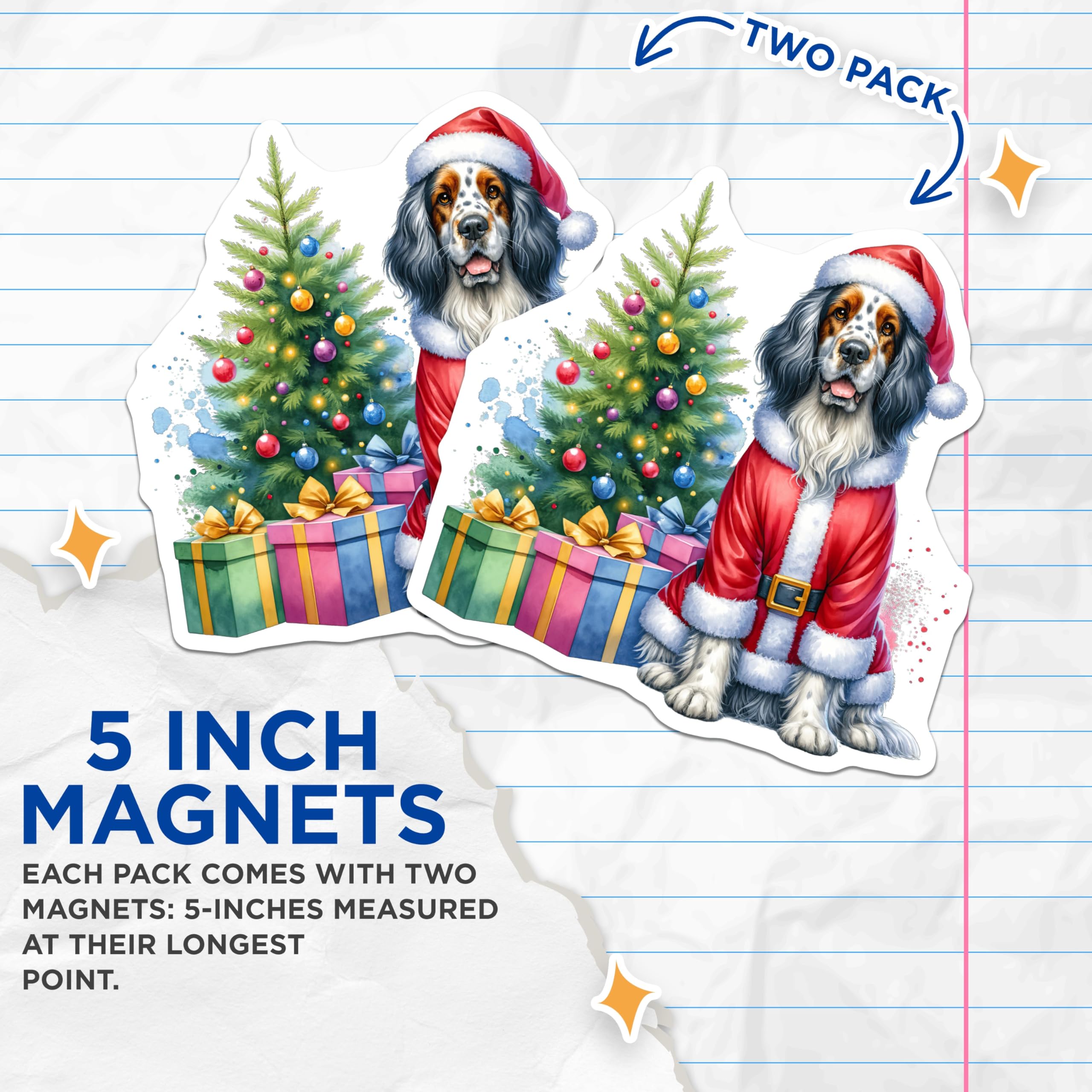 (2 Pack) Christmas Dog Magnets - Santa Spaniel Art - Festive Pet Lover Decor - Watercolor Holiday Fridge Magnets - 5 Inches On Longest Side - Thick Durable Magnet - Made in USA - MAG29442
