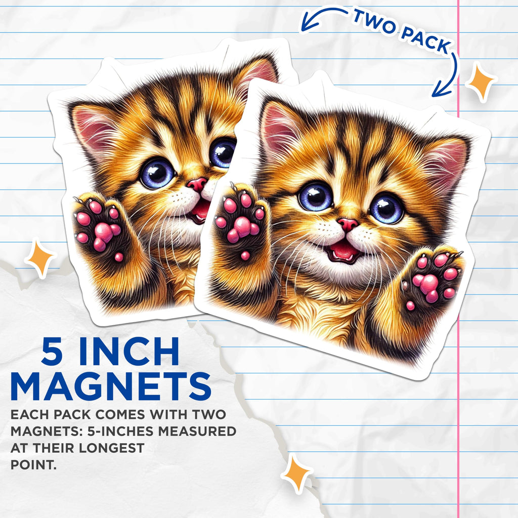 (2 Pack) Cute Kitten Magnets - Fridge Decor - Tabby Cat Refrigerator Magnets - 5" On Longest Side - Premium Magnet - for Cars, Refrigerators, Toolboxes, Lockers - Made in USA - MAG15793