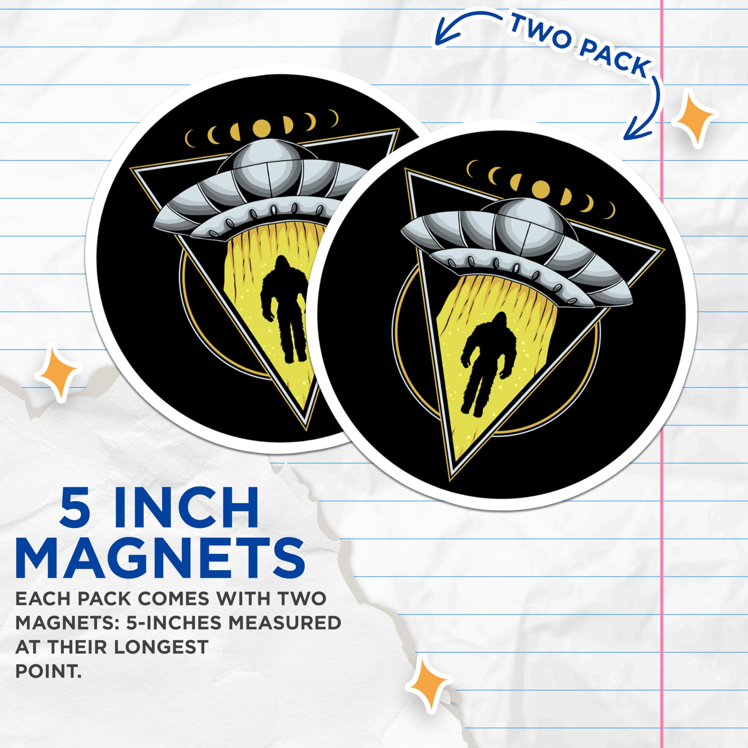 (2 Pack) Bigfoot UFO Abduction Magnets - Sasquatch Encounter - Alien Flying Saucer Art - 5 Inches On Longest Side - Thick Durable Magnet - Made in USA - MAG23939