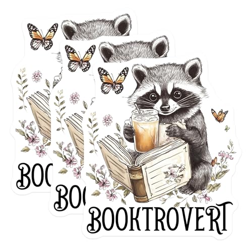 (3 Pack) Booktrovert Raccoon Decals - Reading Animal - Literary Stickers - 3 Inches On Longest Side - Easy Peel & Apply - Made in USA - 3MCS4981
