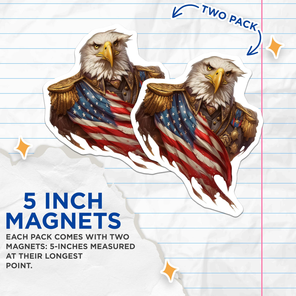 (2 Pack) Bald Eagle Military Magnets - American Flag Decor - USA Patriotic Display - 5 Inches On Longest Side - Thick Durable Magnet - Made in USA - MAG20297