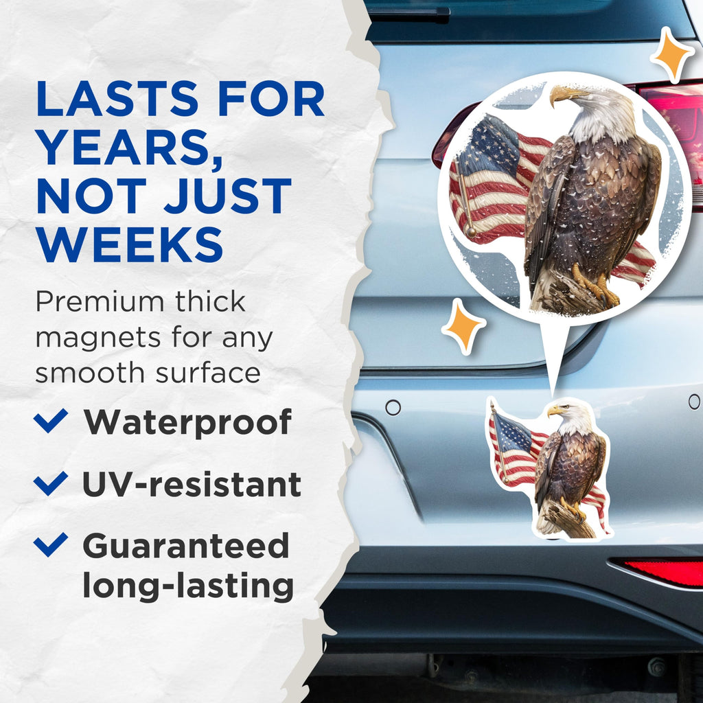 (2 Pack) Majestic Bald Eagle American Flag Magnets - Proud Patriotic USA Display - Freedom National Symbol Art - 5 Inches On Longest Side - Thick Durable Magnet - Made in USA - MAG20352