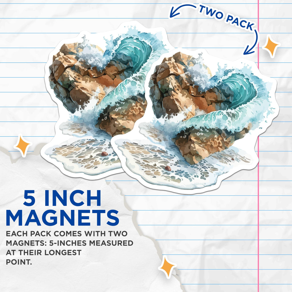 (2 Pack) Heart Shaped Ocean Waves Crashing Magnets - Coastal Beach Decor Aesthetic - Serene Seascape Art Collection - 5 Inches On Longest Side - Thick Durable Magnet - Made in USA - MAG20090