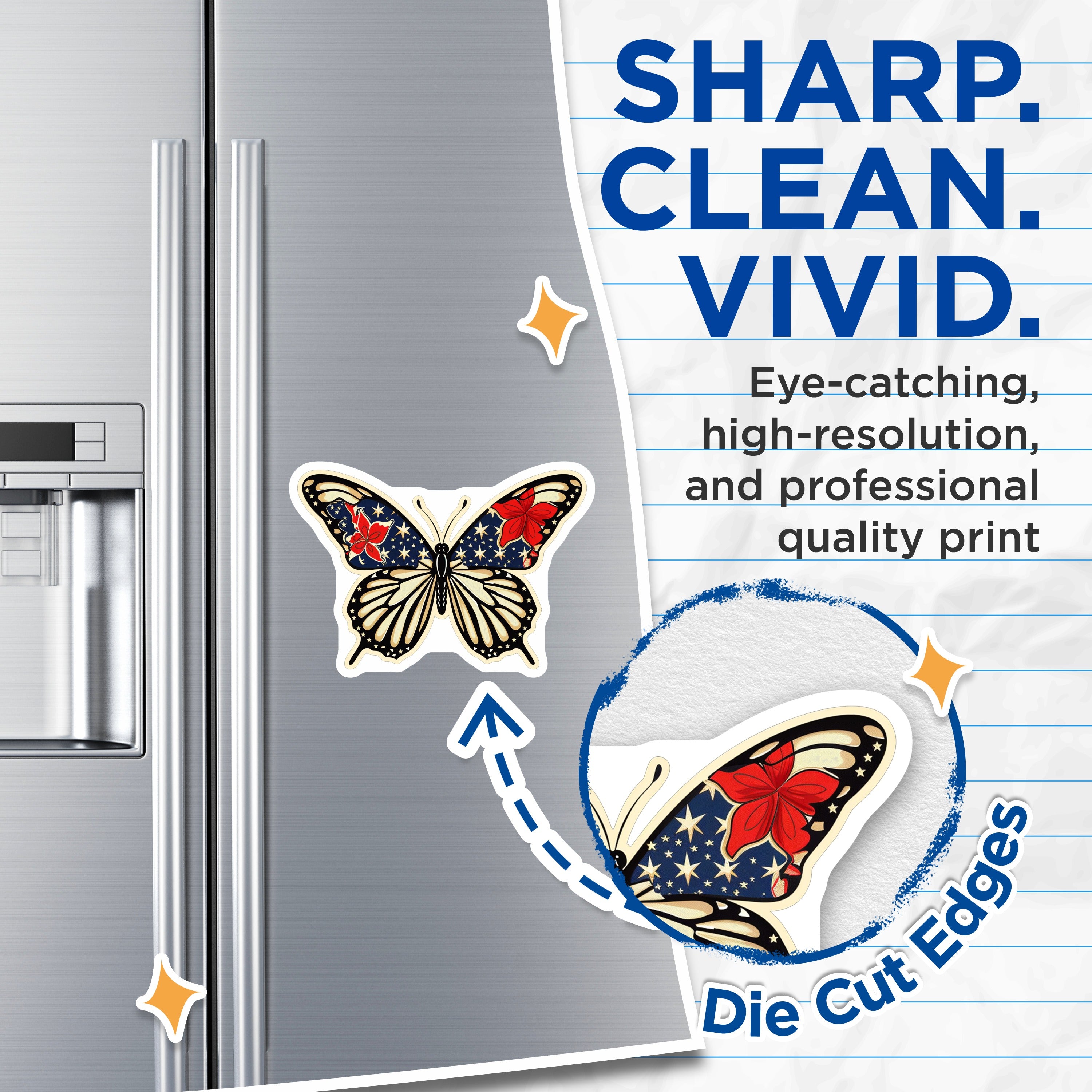 (2 Pack) Patriotic Butterfly Magnets - Americana Star Floral Decor - Summer Refrigerator Accent - 5 Inches On Longest Side - Thick Durable Magnet - Made in USA - MAG39628