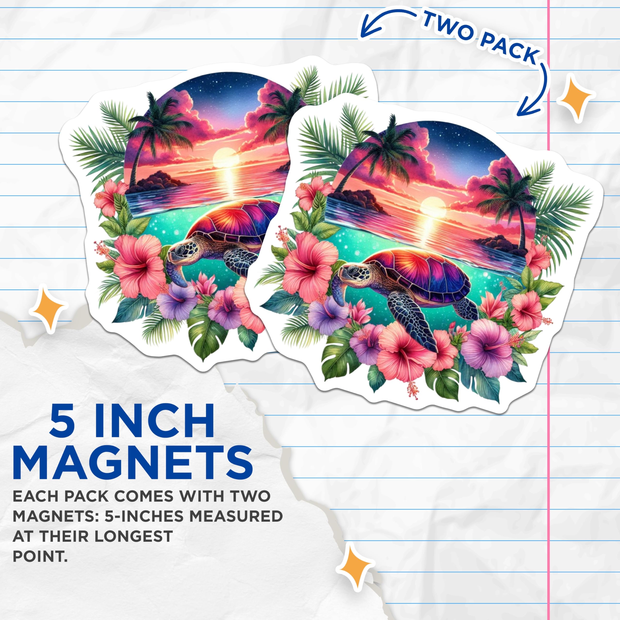 (2 Pack) Sea Turtle Magnets - Tropical Sunset Ocean Decor - Vibrant Hibiscus Beach Scene - 5 Inches On Longest Side - Thick Durable Magnet - Made in USA - MAG20443