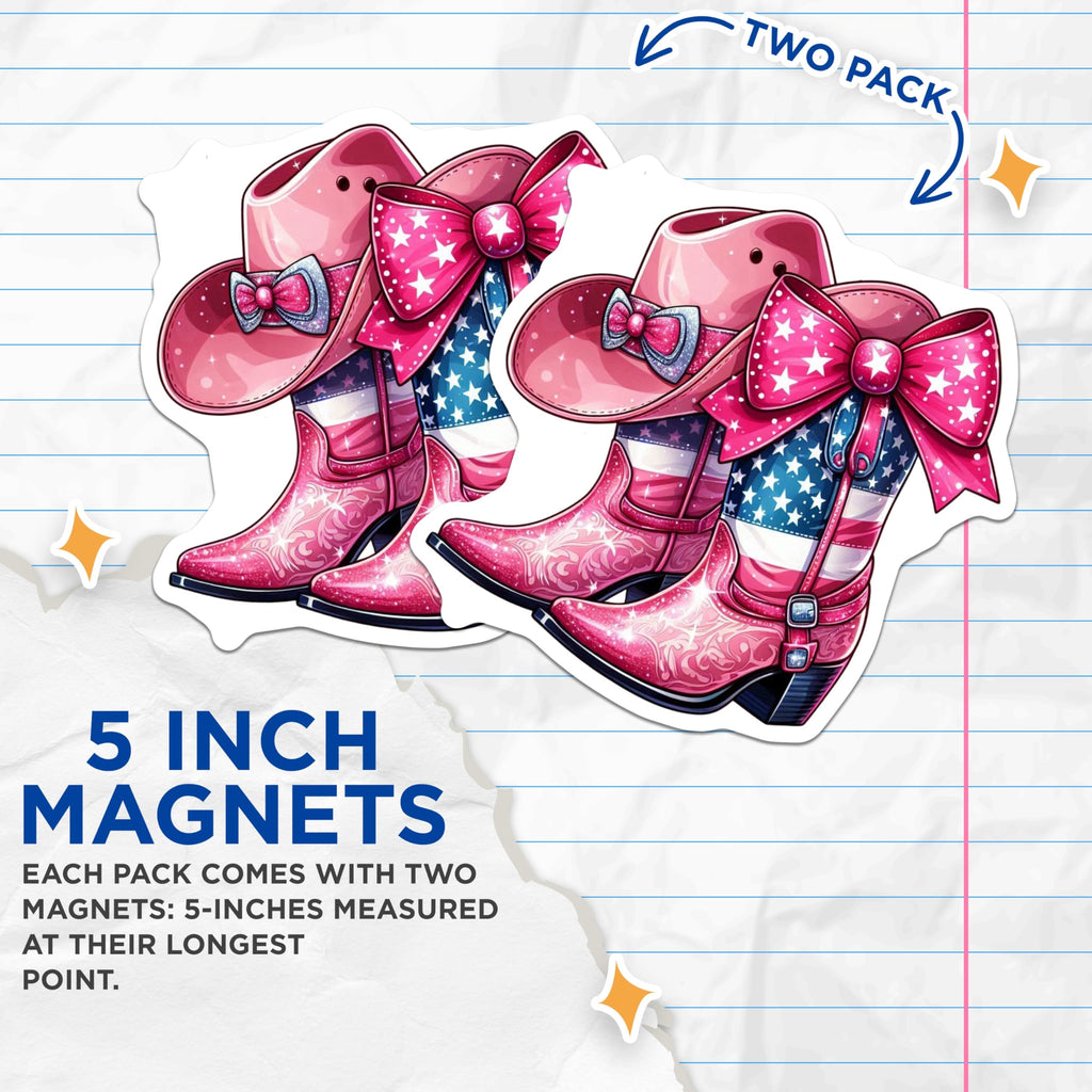 (2 Pack) Cowgirl Boot Magnets - Pink Cowboy Hat - American Flag Decoration - 5" On Longest Side - Premium Magnet - for Cars, Refrigerators, Toolboxes, Lockers - Made in USA - MAG17115