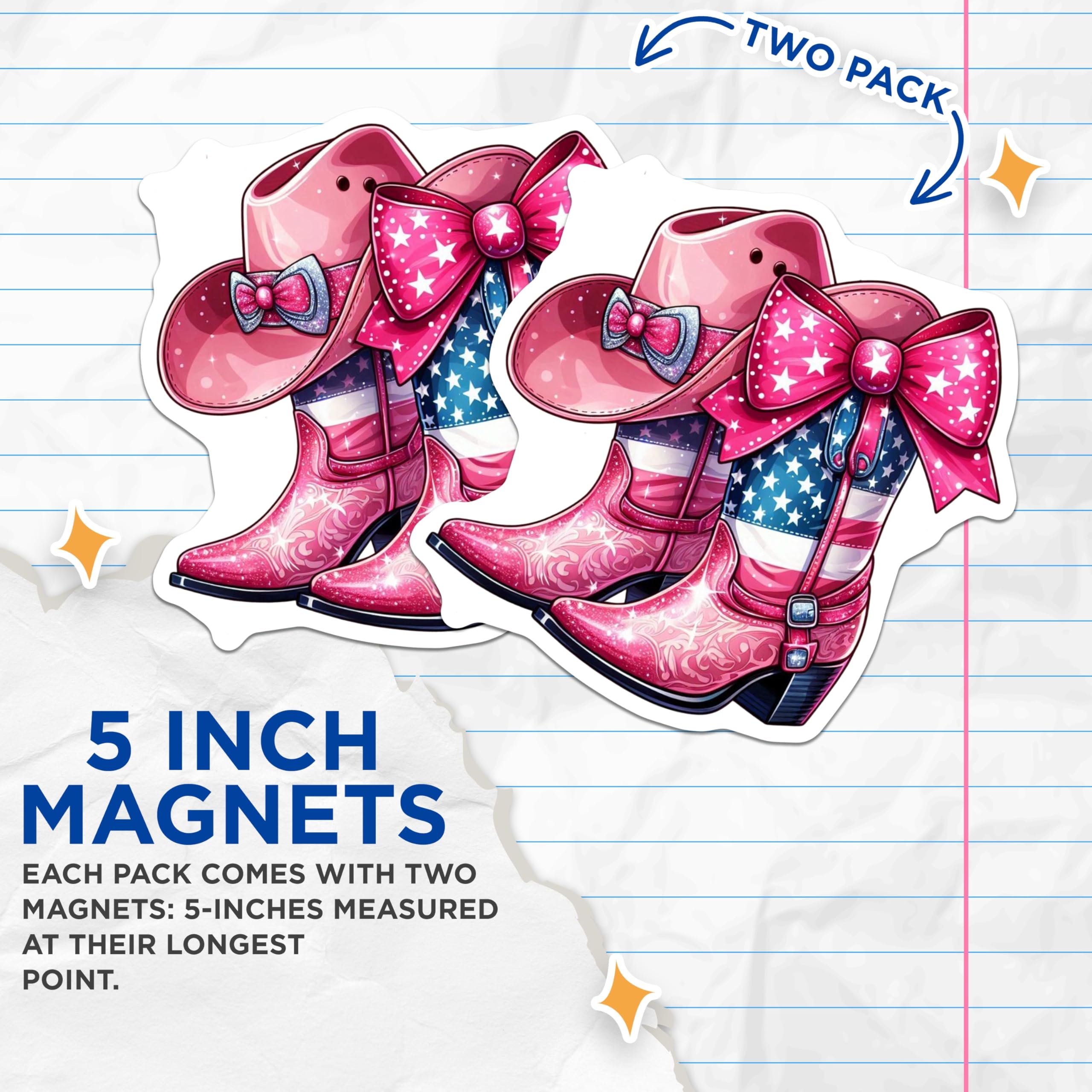 (2 Pack) Cowgirl Boot Magnets - Pink Cowboy Hat - American Flag Decoration - 5" On Longest Side - Premium Magnet - for Cars, Refrigerators, Toolboxes, Lockers - Made in USA - MAG17115