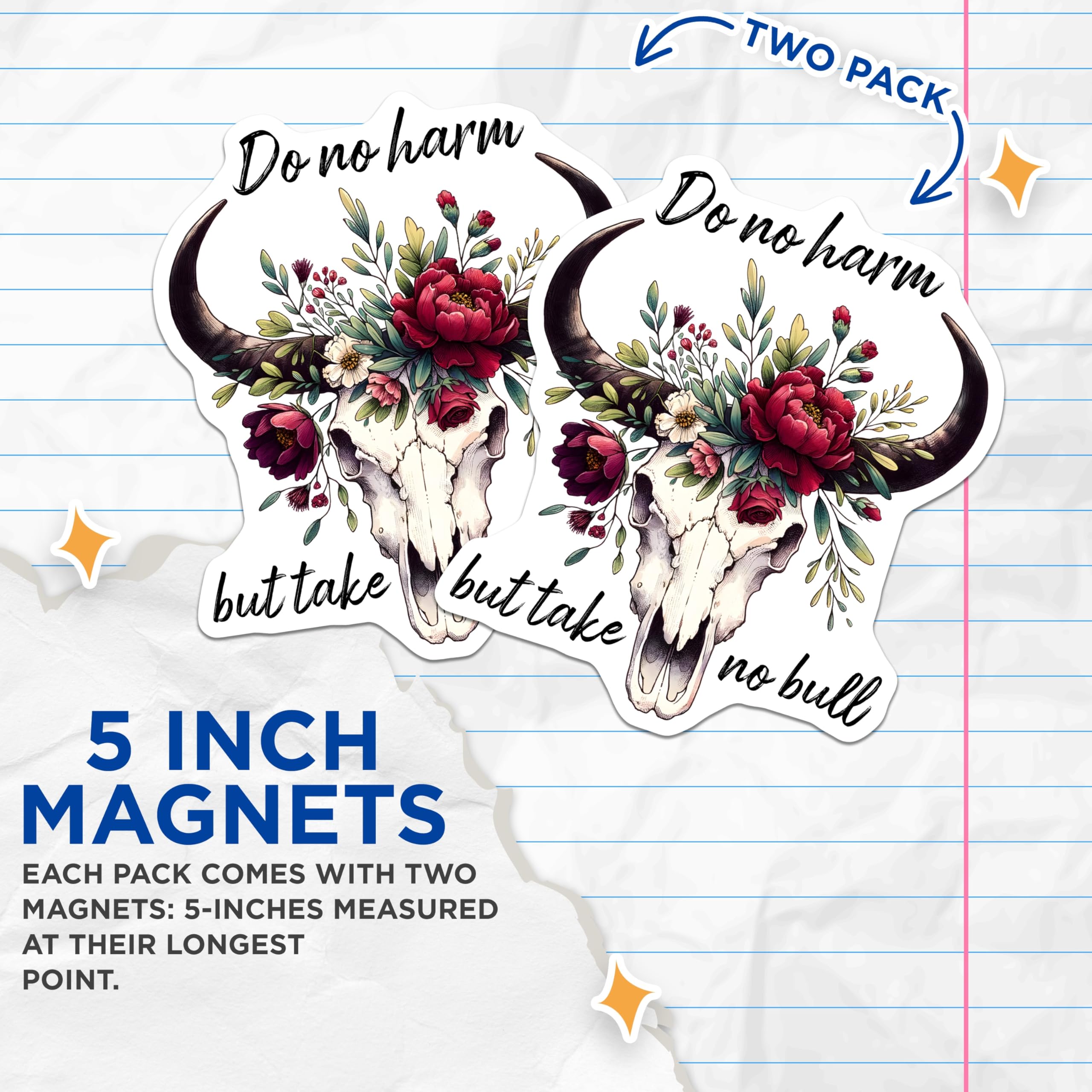 (2 Pack) Steer Skull Magnets - Floral Cow Skull - Western Decor Accessories - 5" On Longest Side - Premium Magnet - for Cars, Refrigerators, Toolboxes, Lockers - Made in USA - MAG14171