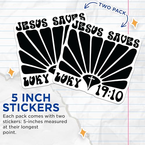 (2 Pack) Jesus Saves Stickers - Luke 19:10 Stickers - Christian Faith Stickers for Laptops and Notebooks - 5" On Longest Side - Sticks to Any Smooth Flat Surface - Made in USA - BMCS3082