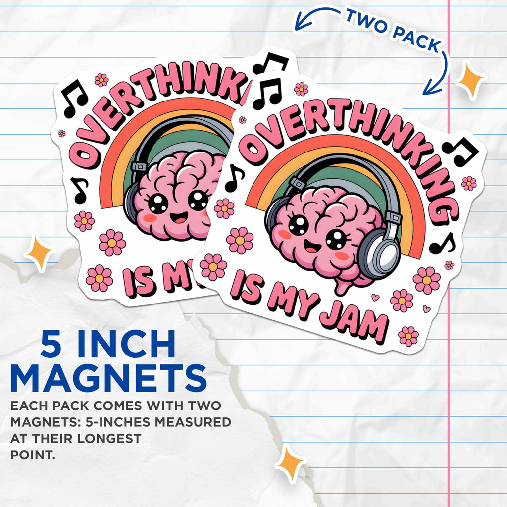 (2 Pack) Overthinking Brain Magnets - Funny Mental Health Awareness - Quirky Kawaii Decor Rainbow Music Notes - 5 Inches On Longest Side - Thick Durable Magnet - Made in USA - MAG22922