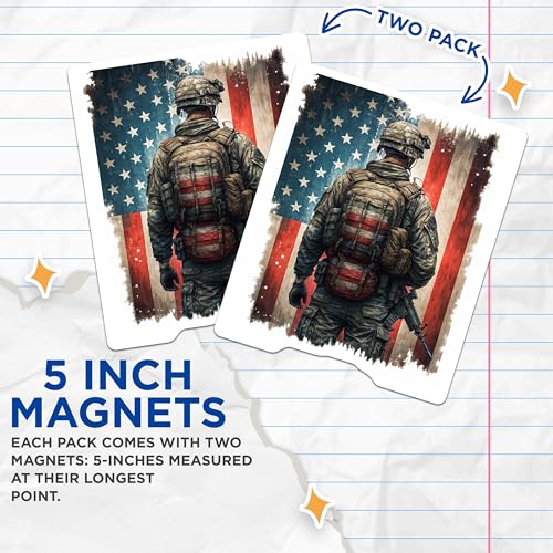 (2 Pack) American Flag Soldier Magnet - Military Decor - Home Office Art - Patriotic Statement Pieces - 5" On Longest Side - Sticks to Smooth Flat Surfaces - Made in USA - MAG9826