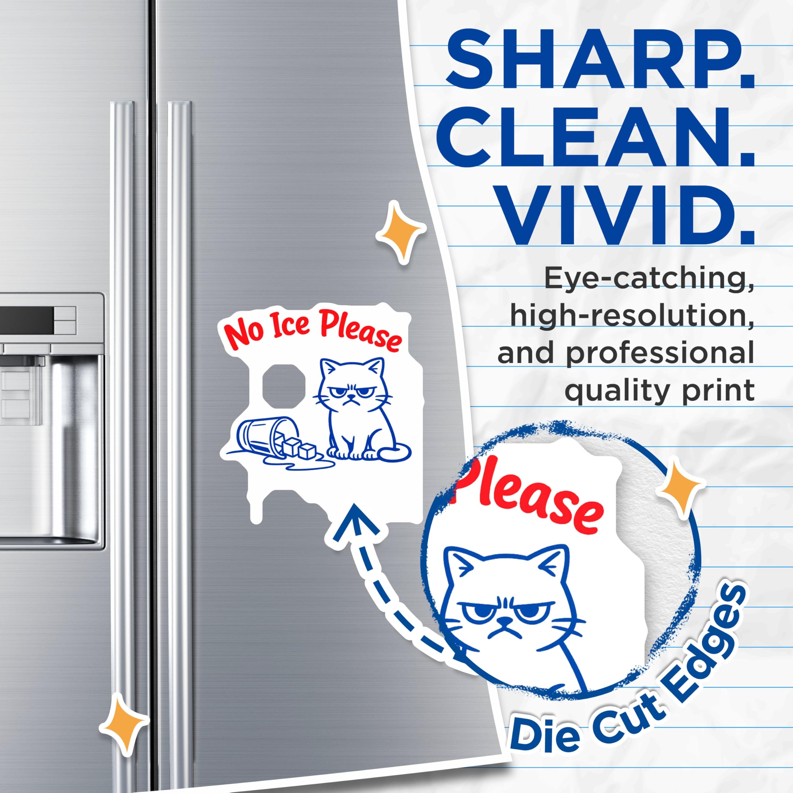 (2 Pack) No Ice Please Cat Magnets - Grumpy Kitty Beverage Statement - Funny Refrigerator Locker Decor - 5 Inches On Longest Side - Thick Durable Magnet - Made in USA - MAG22865