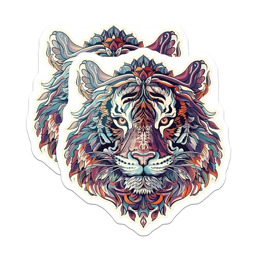 (2 Pack) Mandala Tiger Stickers - Artistic Animal Stickers - Wild Cat Decal - 5" On Longest Side - Sticks to Smooth Flat Surfaces - Made in USA - BMCS4675