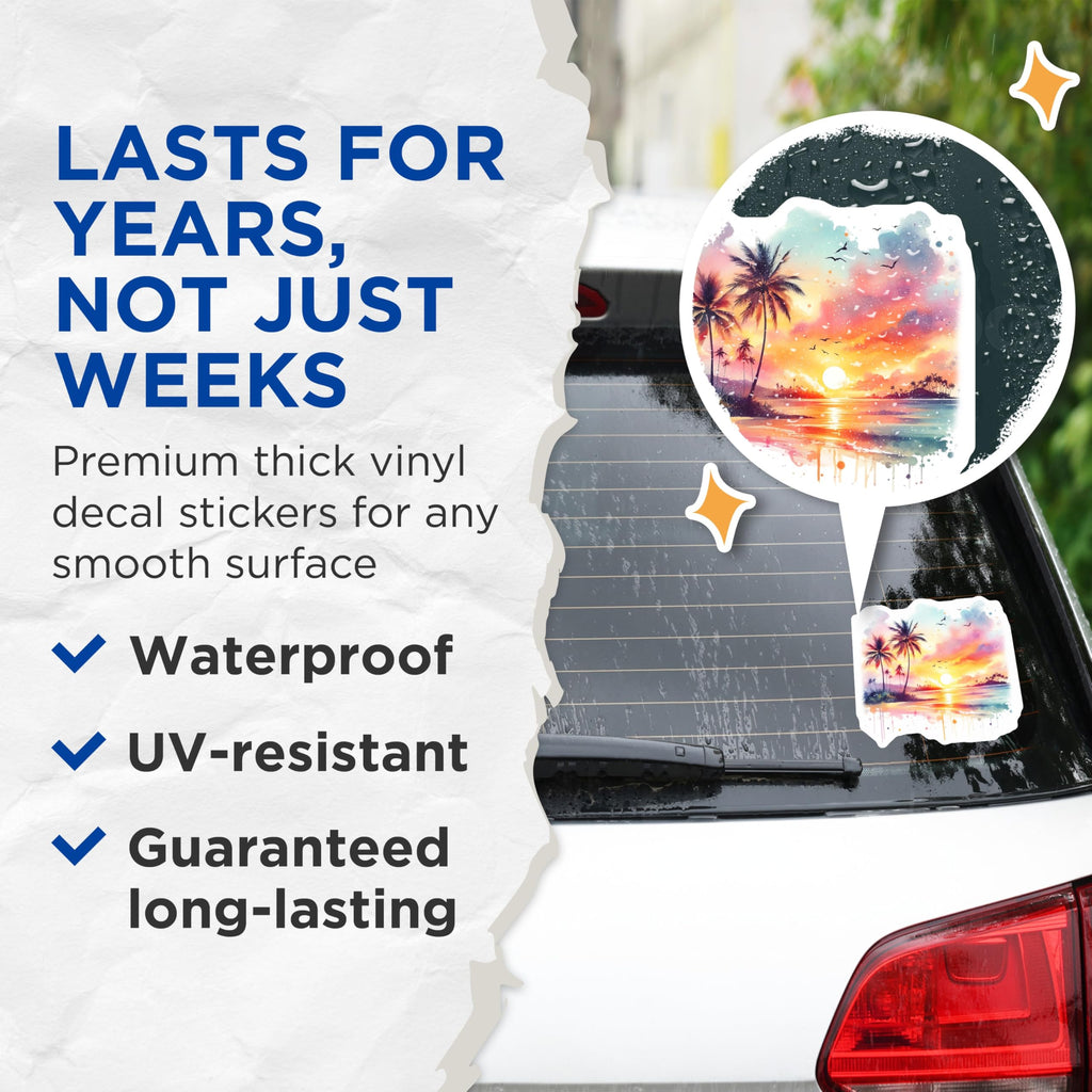 (2 Pack) Tropical Sunset Stickers - Palm Tree Beach - Watercolor Decals - 5" On Longest Side - Sticks to Smooth Flat Surfaces - Made in USA - BMCS14629