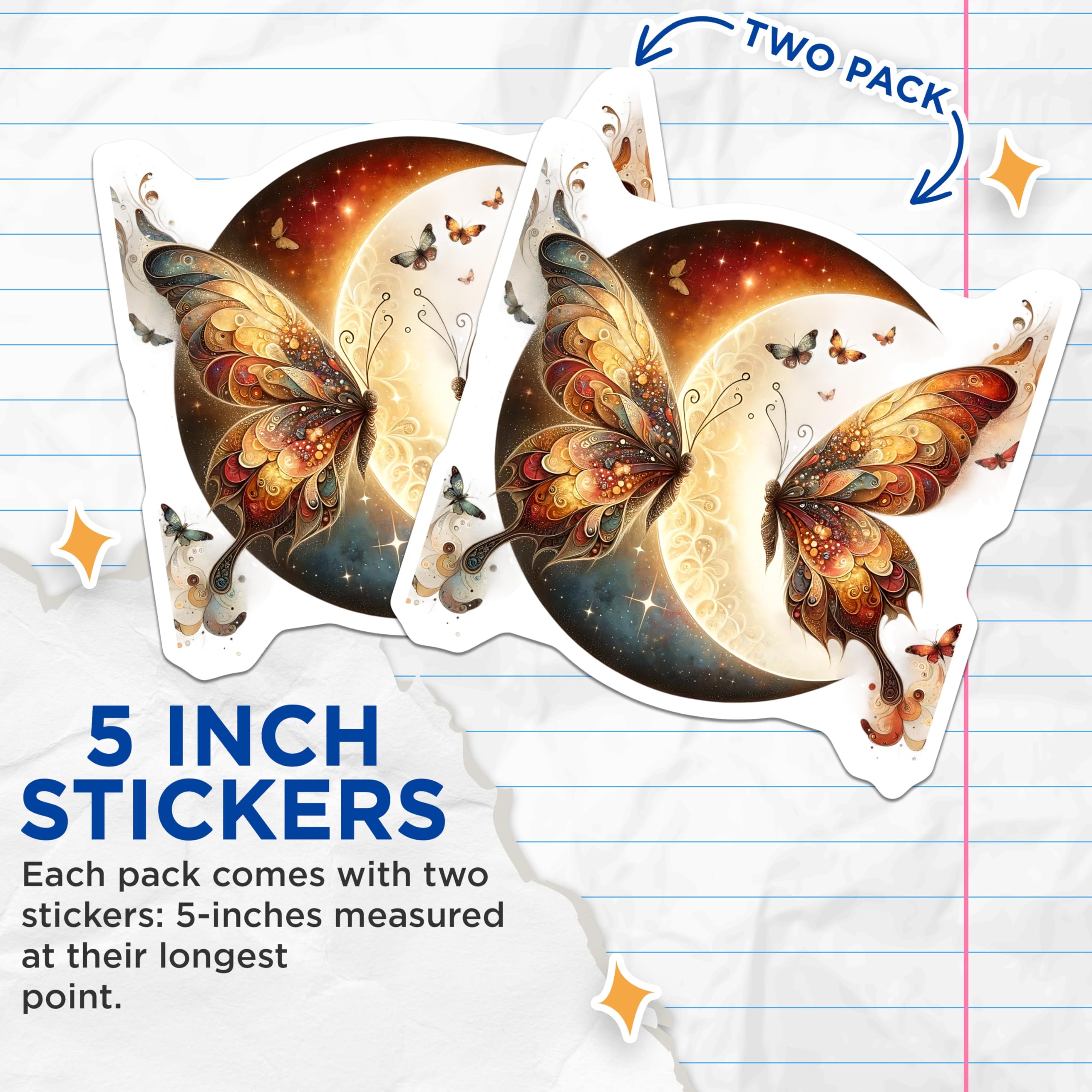 (2 Pack) Butterfly Moon Stickers - Celestial Stickers - Boho Stickers - 5" On Longest Side - Sticks to Smooth Flat Surfaces - Made in USA - BMCS14597