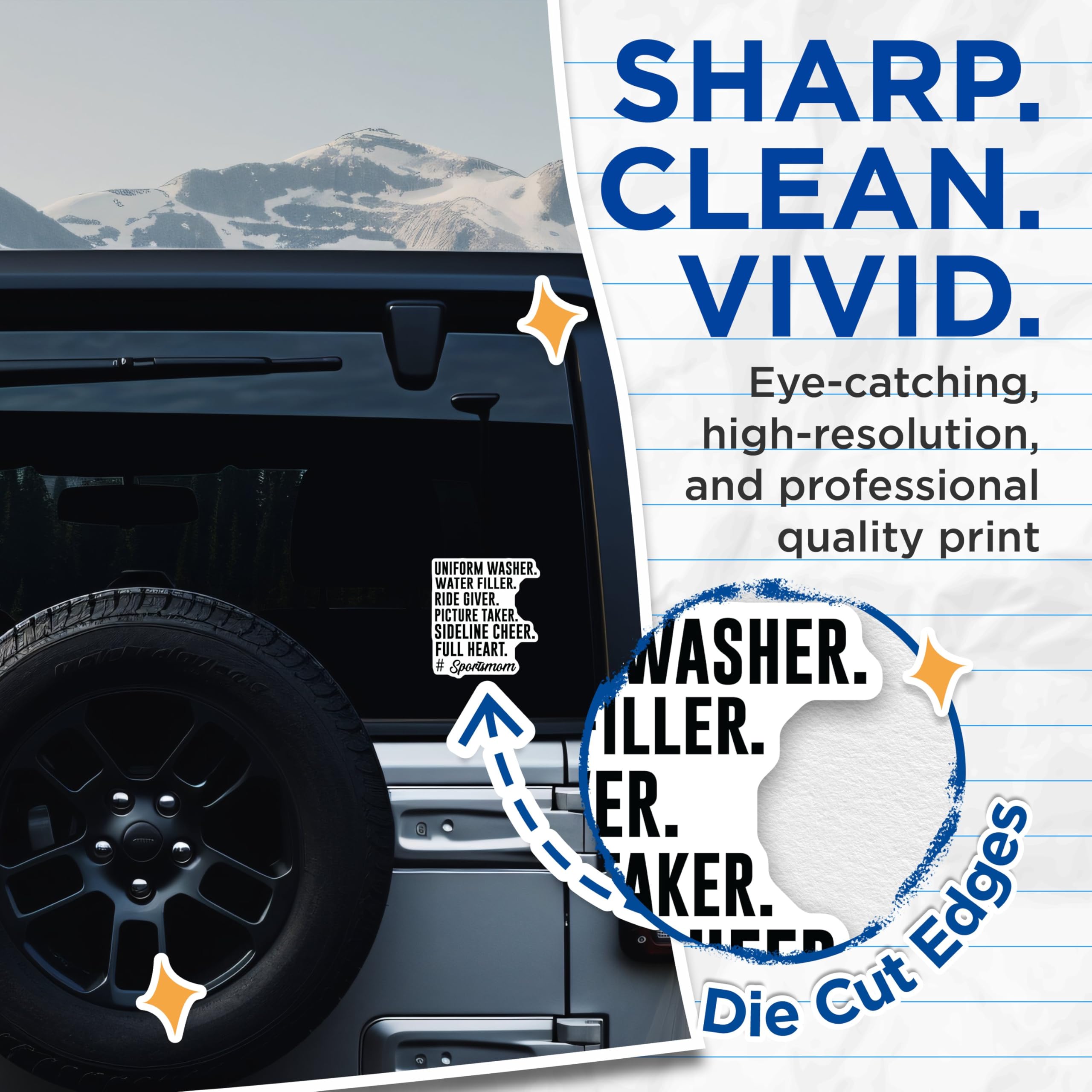 (2 Pack) Sports Mom Stickers - Uniform Washer Ride Giver Stickers - Sideline Cheer Full Heart Stickers - 5" On Longest Side - Sticks to Any Smooth Flat Surface - Made in USA - BMCS3074
