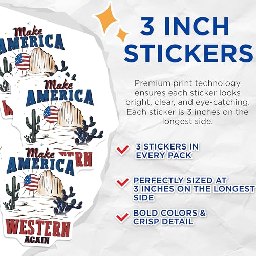 (3 Pack) Western American Decals - Desert Cactus - Patriotic Laptop Decals - 3 Inches On Longest Side - Easy Peel & Apply - Made in USA - 3MCS7722