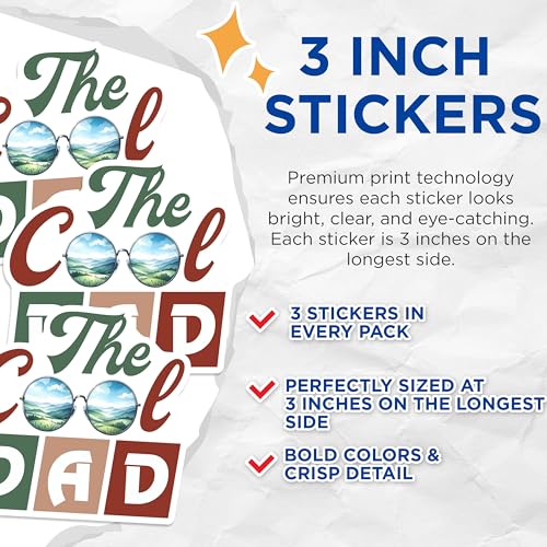 (3 Pack) Cool Dad Decals - Father's Day Decals - Dad with Glasses - 3 Inches On Longest Side - Easy Peel & Apply - Made in USA - 3MCS2014