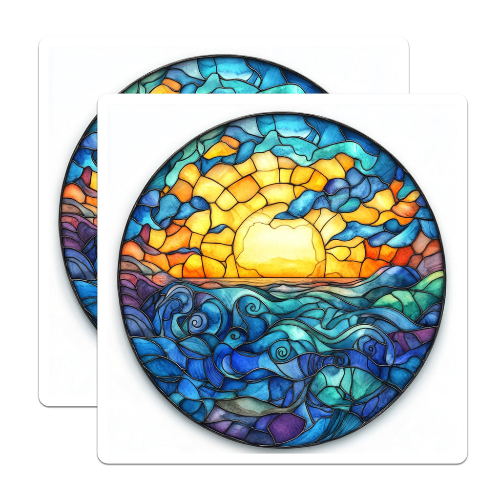 (2 Pack) Stained Glass Sunset Magnets - Ocean Waves Fridge Decor - Vibrant Coastal Art Home Accent - 5 Inches On Longest Side - Thick Durable Magnet - Made in USA - MAG28881