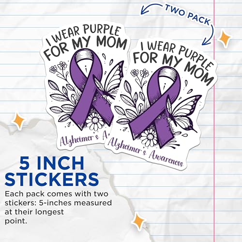 (2 Pack) AlzheimerÃ¢â‚¬â„¢s Awareness Stickers - Purple Ribbon Stickers - I Wear Purple for My Mom Stickers - 5" On Longest Side - Sticks to Smooth Flat Surfaces - Made in USA - BMCS5964