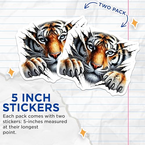 (2 Pack) Fierce Tiger Stickers - Animal Art - Wildlife Decal - 5" On Longest Side - Sticks to Smooth Flat Surfaces - Made in USA - BMCS6264