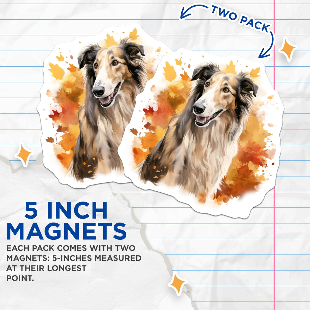 (2 Pack) Rough Collie Magnets - Watercolor Dog Art - Autumn Leaves Decor - 5 Inches On Longest Side - Thick Durable Magnet - Made in USA - MAG28852