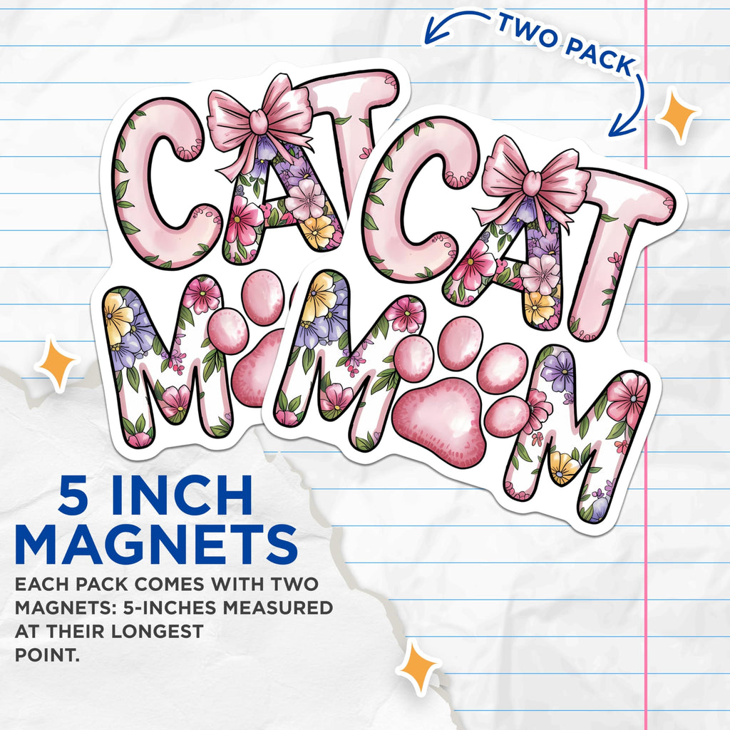 (2 Pack) Cat Mom Floral Magnets - Sweet Pet Lover Paw Print - Refrigerator Accessory - Animal Themed Kitchen Decor - 5 Inches On Longest Side - Thick Durable Magnet - Made in USA - MAG22085